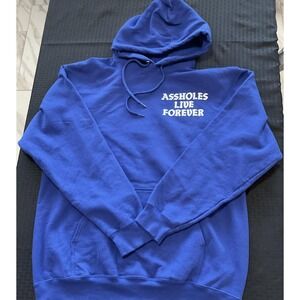 A$$holes Live Forever Hoodie Mens Large Blue Pullover Funny Graphic Sweatshirt